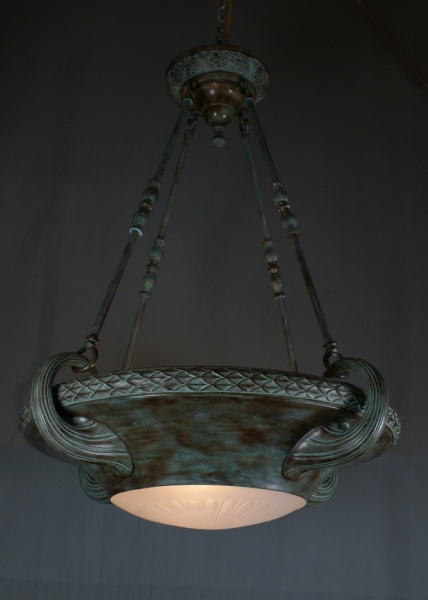 Large verdigris Gothic revival bowl light